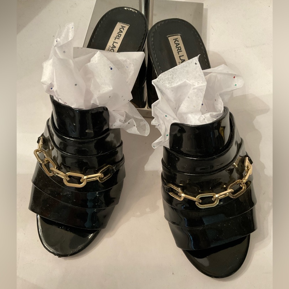 Karl Lagerfeld black patent mules